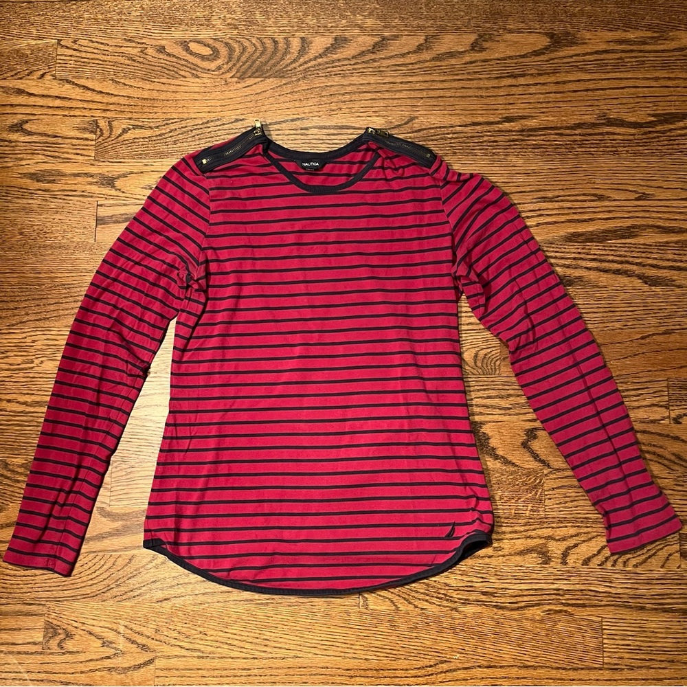 Nautica Raspberry Blue Striped Shoulder Zipper Long Sleeve Shirt - Women’s Small